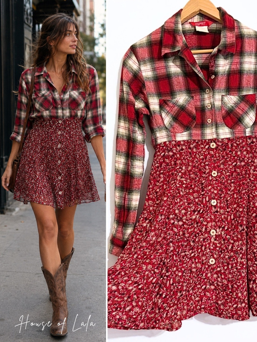 Esprit Red and Green Plaid Button-Up Dress. Flannel and Floral Summer Dress.